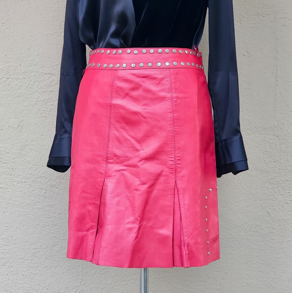 Italian Vintage Vivien Verona Red Leather Pleated & Studded A Line Skirt Sz 36